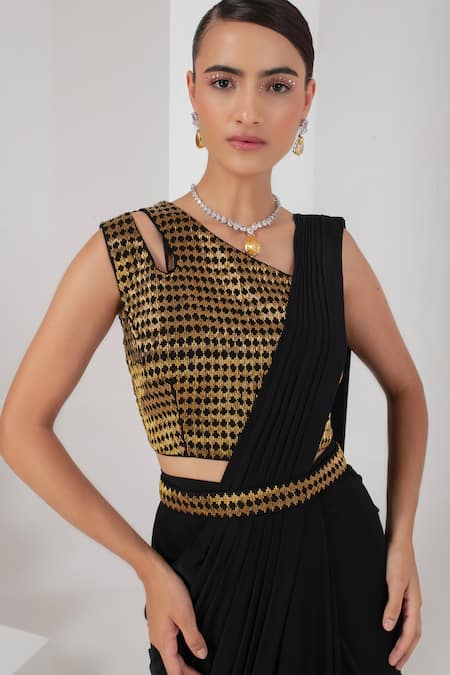 Shop Akara Black Lycra, Crepe Embroidery One Shoulder Love Dusk Pre-draped Saree Set Online at Aza Fashions Shop_Akara_Black Lycra, Crepe Embroidery One Shoulder Love Dusk Pre-draped Saree Set _Online_at_Aza_Fashions