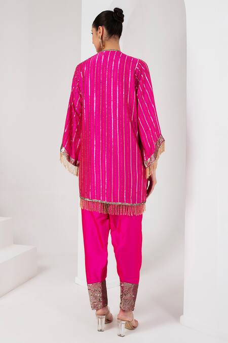 Shop_Akara_Pink Taffeta Embroidery, Sequins High Neck Rose Kurta With Salwar _at_Aza_Fashions
