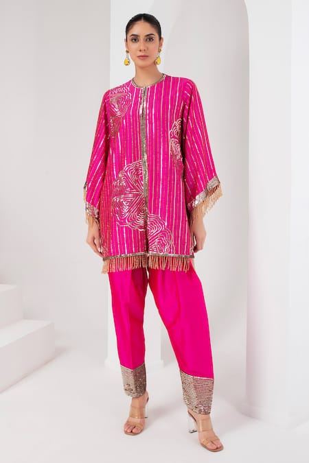 Akara_Pink Taffeta Embroidery, Sequins High Neck Rose Kurta With Salwar _Online_at_Aza_Fashions