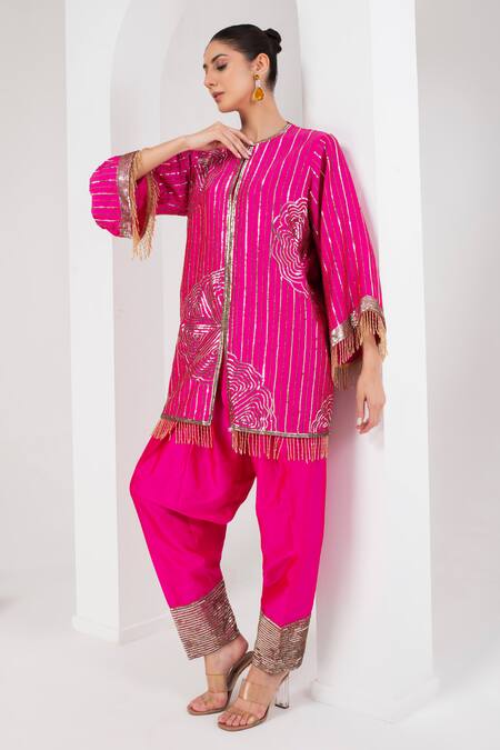 Buy_Akara_Pink Taffeta Embroidery, Sequins High Neck Rose Kurta With Salwar _Online_at_Aza_Fashions