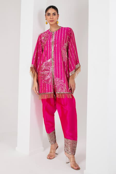 Shop_Akara_Pink Taffeta Embroidery, Sequins High Neck Rose Kurta With Salwar _Online_at_Aza_Fashions