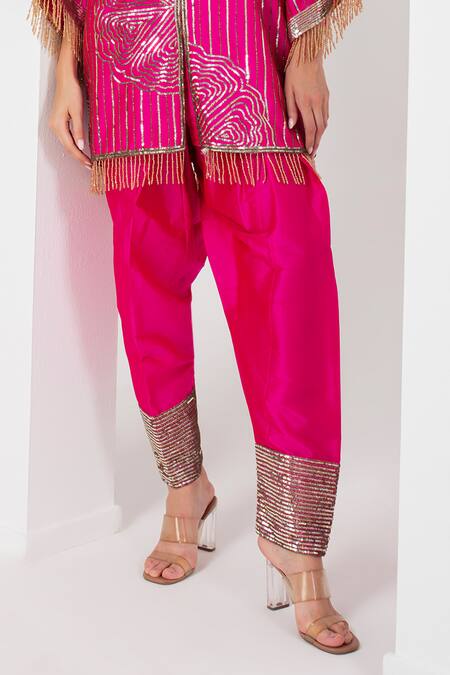 Akara_Pink Taffeta Embroidery, Sequins High Neck Rose Kurta With Salwar _at_Aza_Fashions
