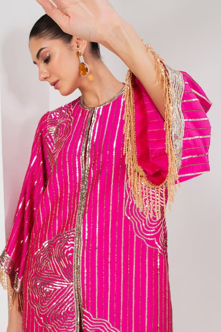 Buy_Akara_Pink Taffeta Embroidery, Sequins High Neck Rose Kurta With Salwar 