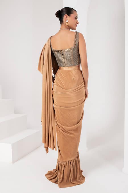 Akara Pleated Pre-Draped Ruffle Saree With Sequin Blouse 