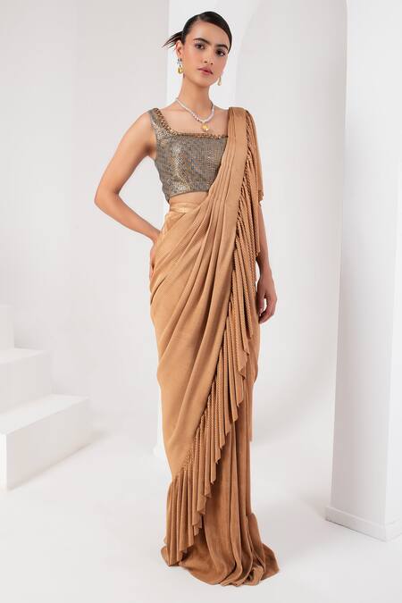 Akara_Grey Crepe Sequins Square Neck Pleated Pre-draped Ruffle Saree With Blouse _Online_at_Aza_Fashions