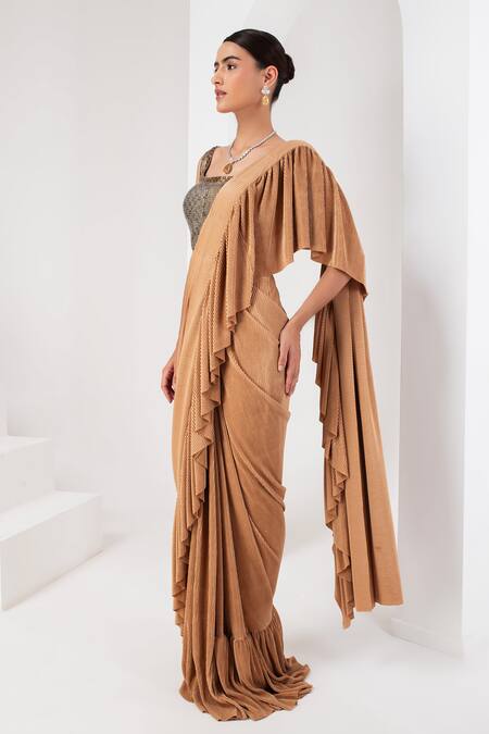 Buy_Akara_Grey Crepe Sequins Square Neck Pleated Pre-draped Ruffle Saree With Blouse _Online_at_Aza_Fashions