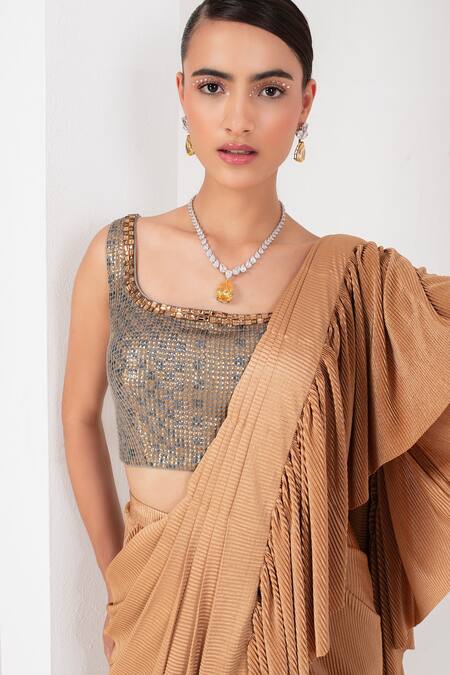 Shop_Akara_Grey Crepe Sequins Square Neck Pleated Pre-draped Ruffle Saree With Blouse _Online_at_Aza_Fashions