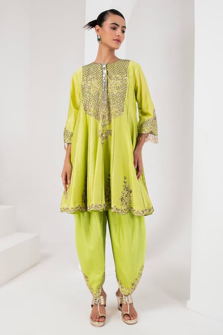 Akara Green Chanderi Silk Sequins High Neck Persian Bloom Embroidered Anarkali Set Online at Aza Fashions Akara_Green Chanderi Silk Sequins High Neck Persian Bloom Embroidered Anarkali Set _Online_at_Aza_Fashions