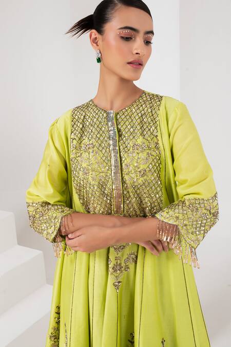 Shop Akara Green Chanderi Silk Sequins High Neck Persian Bloom Embroidered Anarkali Set Online at Aza Fashions Shop_Akara_Green Chanderi Silk Sequins High Neck Persian Bloom Embroidered Anarkali Set _Online_at_Aza_Fashions