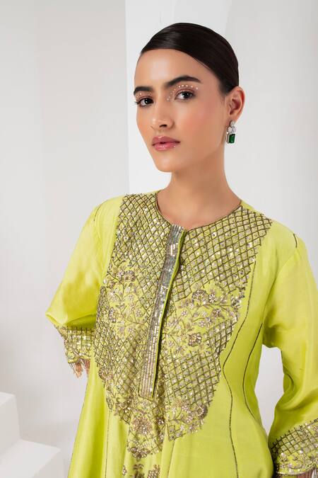 Buy Akara Green Chanderi Silk Sequins High Neck Persian Bloom Embroidered Anarkali Set Buy_Akara_Green Chanderi Silk Sequins High Neck Persian Bloom Embroidered Anarkali Set