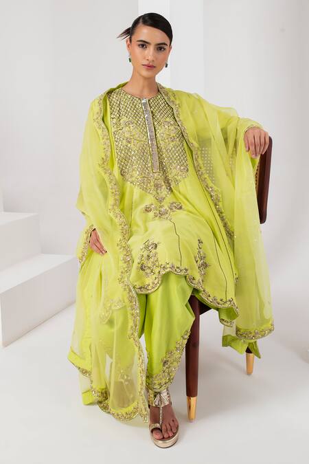 Shop Akara Green Chanderi Silk Sequins High Neck Persian Bloom Embroidered Anarkali Set Shop_Akara_Green Chanderi Silk Sequins High Neck Persian Bloom Embroidered Anarkali Set