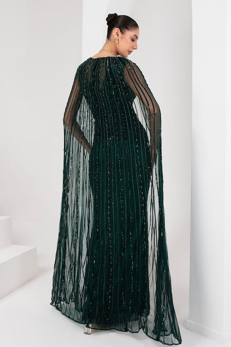 Shop Akara Green Tulle, Satin Cut Work, Sequins, Beads Round Floral Stripe Embellished Gown at Aza Fashions Shop_Akara_Green Tulle, Satin Cut Work, Sequins, Beads Round Floral Stripe Embellished Gown _at_Aza_Fashions