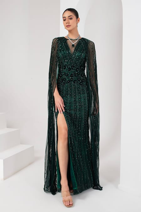 Akara Green Tulle, Satin Cut Work, Sequins, Beads Round Floral Stripe Embellished Gown Online at Aza Fashions Akara_Green Tulle, Satin Cut Work, Sequins, Beads Round Floral Stripe Embellished Gown _Online_at_Aza_Fashions