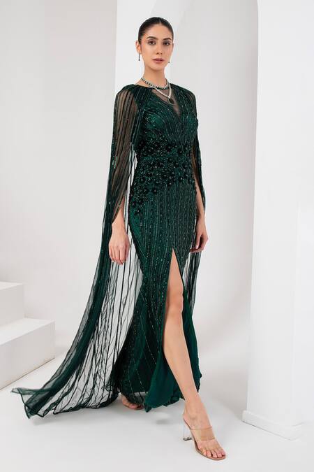 Buy Akara Green Tulle, Satin Cut Work, Sequins, Beads Round Floral Stripe Embellished Gown Online at Aza Fashions Buy_Akara_Green Tulle, Satin Cut Work, Sequins, Beads Round Floral Stripe Embellished Gown _Online_at_Aza_Fashions