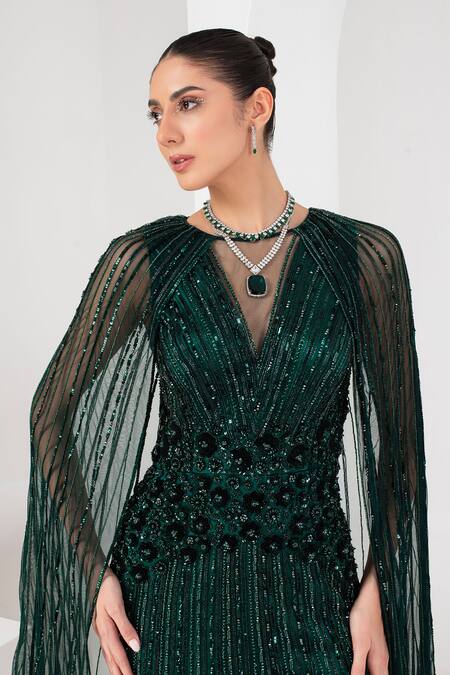 Shop Akara Green Tulle, Satin Cut Work, Sequins, Beads Round Floral Stripe Embellished Gown Online at Aza Fashions Shop_Akara_Green Tulle, Satin Cut Work, Sequins, Beads Round Floral Stripe Embellished Gown _Online_at_Aza_Fashions