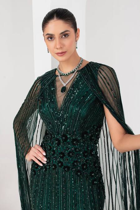 Akara Green Tulle, Satin Cut Work, Sequins, Beads Round Floral Stripe Embellished Gown at Aza Fashions Akara_Green Tulle, Satin Cut Work, Sequins, Beads Round Floral Stripe Embellished Gown _at_Aza_Fashions