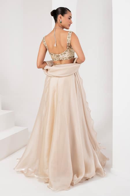 Shop_Akara_Ivory Silk, Organza, Chiffon Sequins, Cut Work Waistband Embroidered Skirt Set _at_Aza_Fashions