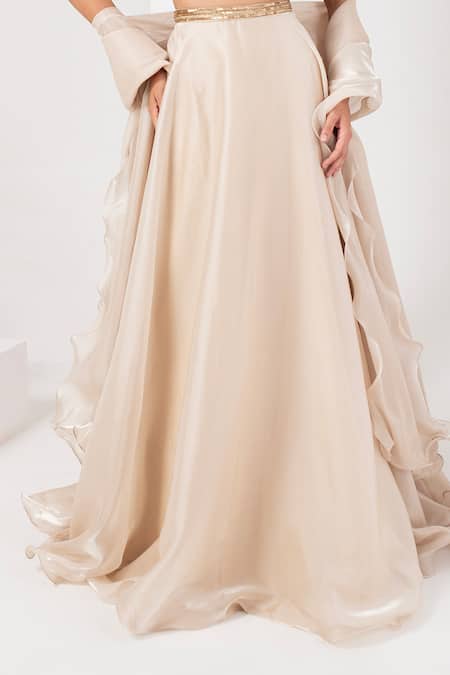 Akara_Ivory Silk, Organza, Chiffon Sequins, Cut Work Waistband Embroidered Skirt Set _Online_at_Aza_Fashions