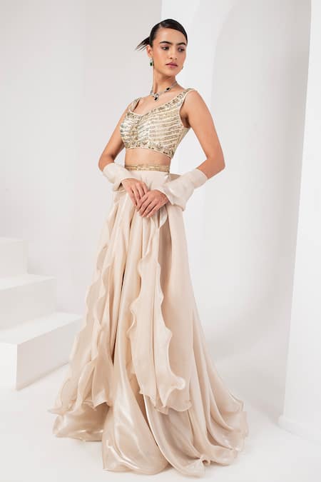 Buy_Akara_Ivory Silk, Organza, Chiffon Sequins, Cut Work Waistband Embroidered Skirt Set _Online_at_Aza_Fashions