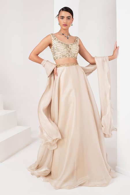 Shop_Akara_Ivory Silk, Organza, Chiffon Sequins, Cut Work Waistband Embroidered Skirt Set _Online_at_Aza_Fashions