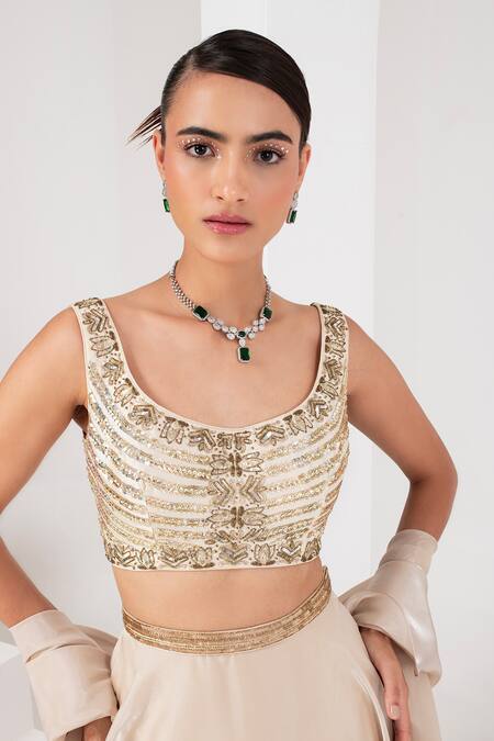 Akara_Ivory Silk, Organza, Chiffon Sequins, Cut Work Waistband Embroidered Skirt Set _at_Aza_Fashions