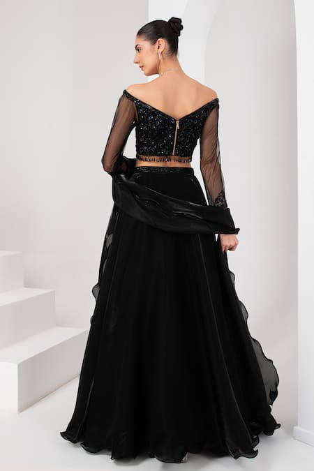 Shop_Akara_Black Tulle, Organza Sequins, Beads, Cut Cutdana Placement Embroidered Skirt Set _at_Aza_Fashions