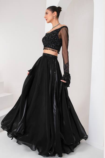 Buy_Akara_Black Tulle, Organza Sequins, Beads, Cut Cutdana Placement Embroidered Skirt Set _Online_at_Aza_Fashions