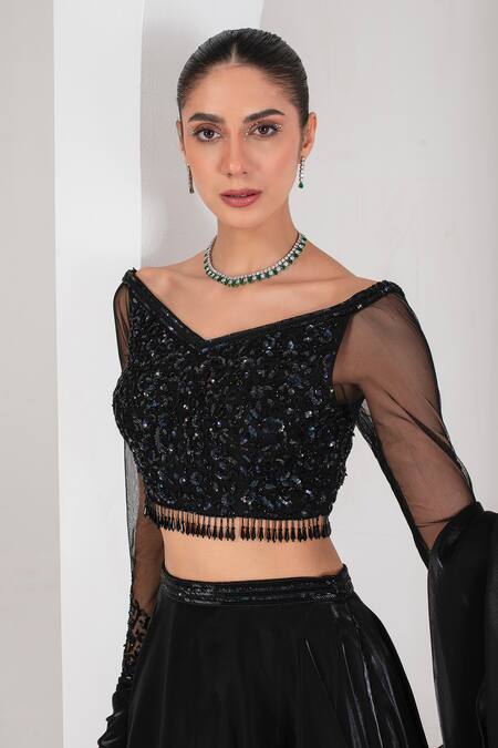 Shop_Akara_Black Tulle, Organza Sequins, Beads, Cut Cutdana Placement Embroidered Skirt Set _Online_at_Aza_Fashions