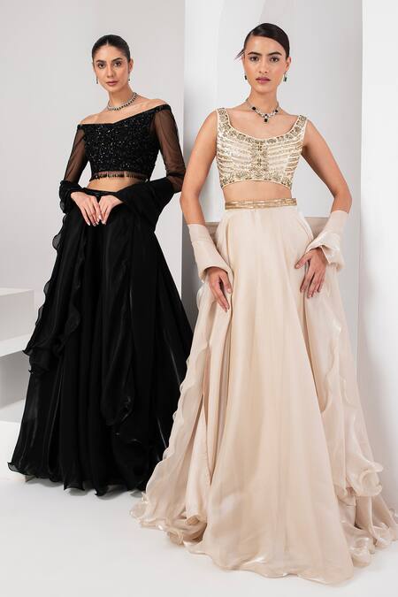 Akara_Black Tulle, Organza Sequins, Beads, Cut Cutdana Placement Embroidered Skirt Set _at_Aza_Fashions