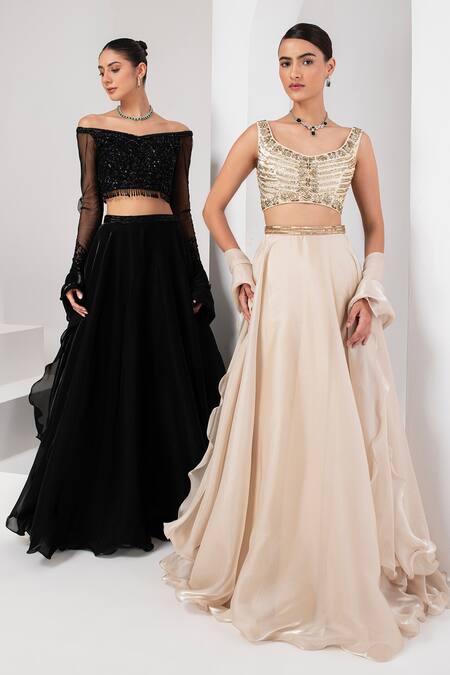 Buy_Akara_Black Tulle, Organza Sequins, Beads, Cut Cutdana Placement Embroidered Skirt Set 