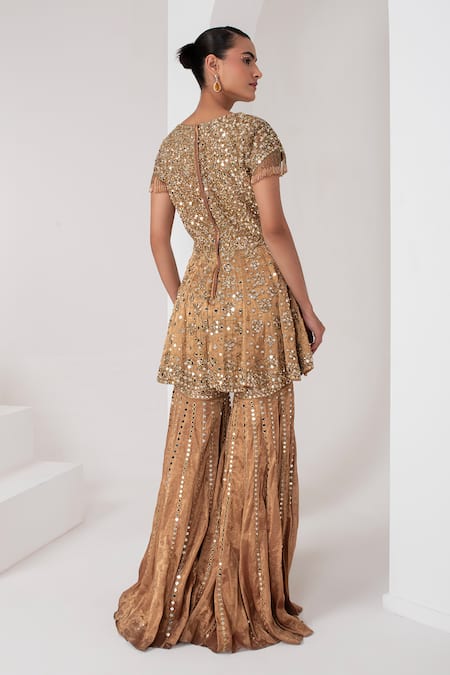 Akara_Gold Tissue Crystals, Mirrors, Sequins Split Embellished Short Kurta Sharara Set _Online_at_Aza_Fashions