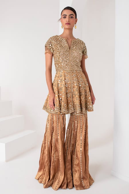 Buy_Akara_Gold Tissue Crystals, Mirrors, Sequins Split Embellished Short Kurta Sharara Set _Online_at_Aza_Fashions