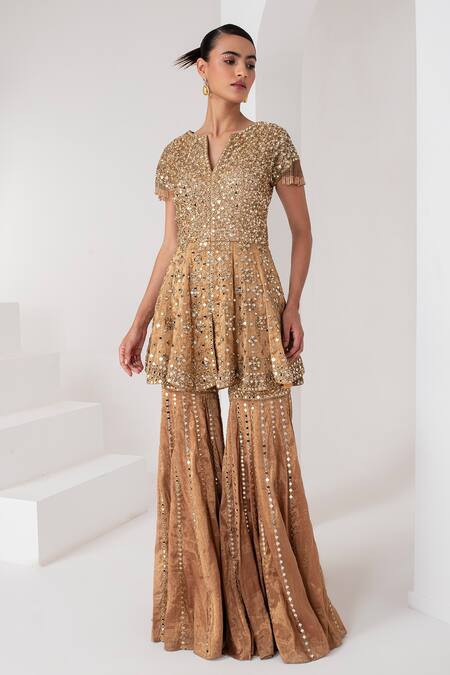 Shop_Akara_Gold Tissue Crystals, Mirrors, Sequins Split Embellished Short Kurta Sharara Set _Online_at_Aza_Fashions