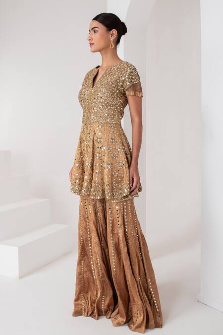Akara_Gold Tissue Crystals, Mirrors, Sequins Split Embellished Short Kurta Sharara Set _at_Aza_Fashions