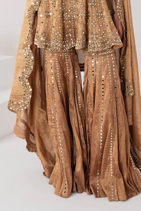 Buy_Akara_Gold Tissue Crystals, Mirrors, Sequins Split Embellished Short Kurta Sharara Set 