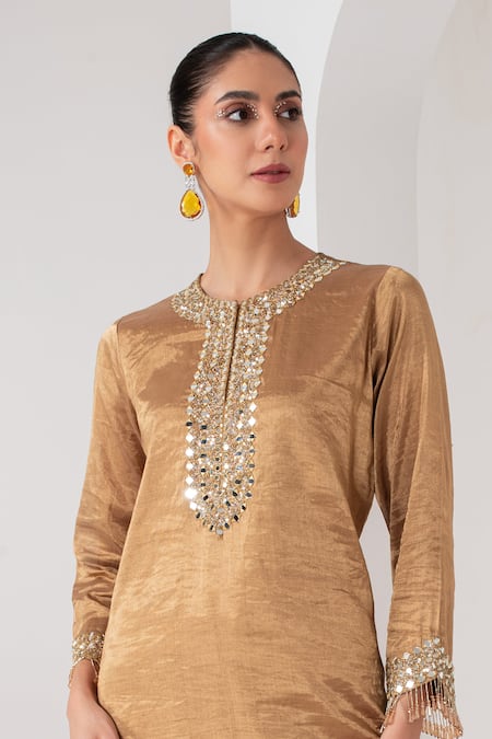 Buy_Akara_Gold Tissue Embroidery, Mirrors Round Neck Placement Kurta Set _Online_at_Aza_Fashions