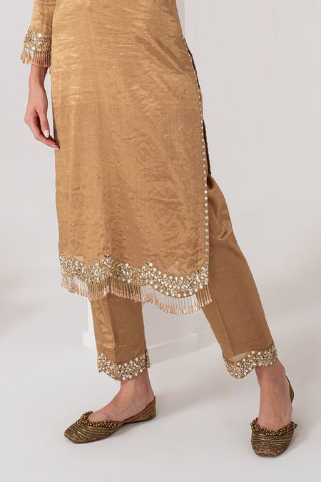 Shop_Akara_Gold Tissue Embroidery, Mirrors Round Neck Placement Kurta Set _Online_at_Aza_Fashions
