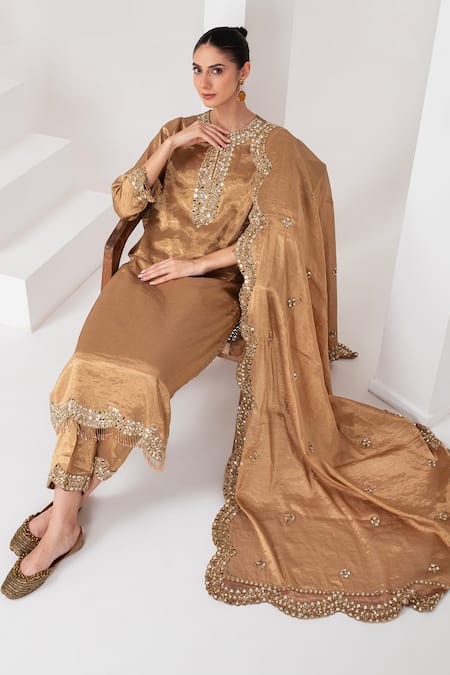 Akara_Gold Tissue Embroidery, Mirrors Round Neck Placement Kurta Set _at_Aza_Fashions