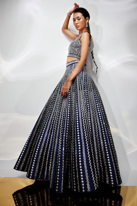 Shop Akara Blue Taffeta, Silk Mirrors, Sequins V-neck Embroidered Lehenga Set at Aza Fashions Shop_Akara_Blue Taffeta, Silk Mirrors, Sequins V-neck Embroidered Lehenga Set _at_Aza_Fashions