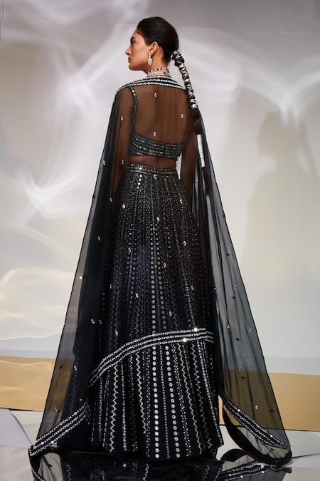 Shop Akara Black Silk, Taffeta Cut Work, Mirrors Square Neck Lehenga Set at Aza Fashions Shop_Akara_Black Silk, Taffeta Cut Work, Mirrors Square Neck Lehenga Set _at_Aza_Fashions