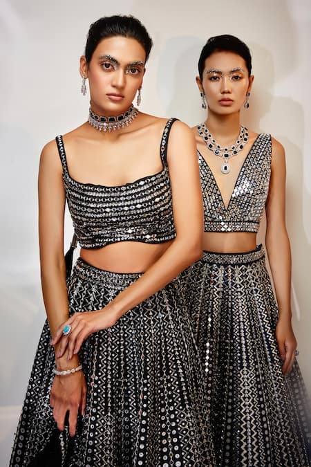 Akara Black Silk, Taffeta Cut Work, Mirrors Square Neck Lehenga Set Online at Aza Fashions Akara_Black Silk, Taffeta Cut Work, Mirrors Square Neck Lehenga Set _Online_at_Aza_Fashions