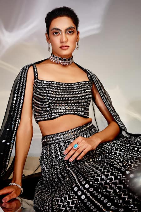 Buy Akara Black Silk, Taffeta Cut Work, Mirrors Square Neck Lehenga Set Buy_Akara_Black Silk, Taffeta Cut Work, Mirrors Square Neck Lehenga Set
