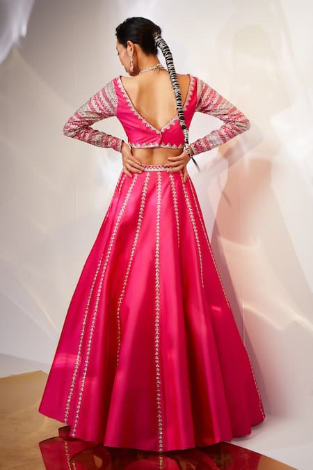 Shop_Akara_Pink Taffeta, Silk Cut Work, Sequins Geometric Embroidered Lehenga And Blouse Set _at_Aza_Fashions