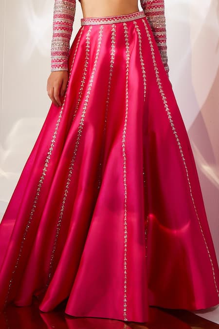 Akara_Pink Taffeta, Silk Cut Work, Sequins Geometric Embroidered Lehenga And Blouse Set _Online_at_Aza_Fashions