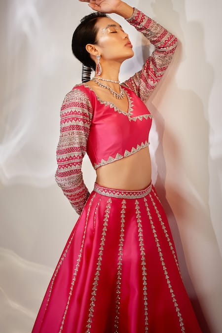 Buy_Akara_Pink Taffeta, Silk Cut Work, Sequins Geometric Embroidered Lehenga And Blouse Set _Online_at_Aza_Fashions
