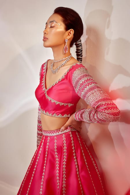 Shop_Akara_Pink Taffeta, Silk Cut Work, Sequins Geometric Embroidered Lehenga And Blouse Set _Online_at_Aza_Fashions