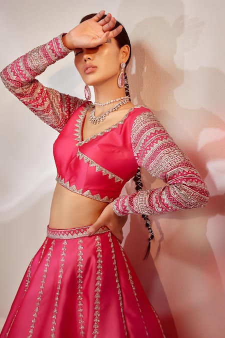 Akara_Pink Taffeta, Silk Cut Work, Sequins Geometric Embroidered Lehenga And Blouse Set _at_Aza_Fashions