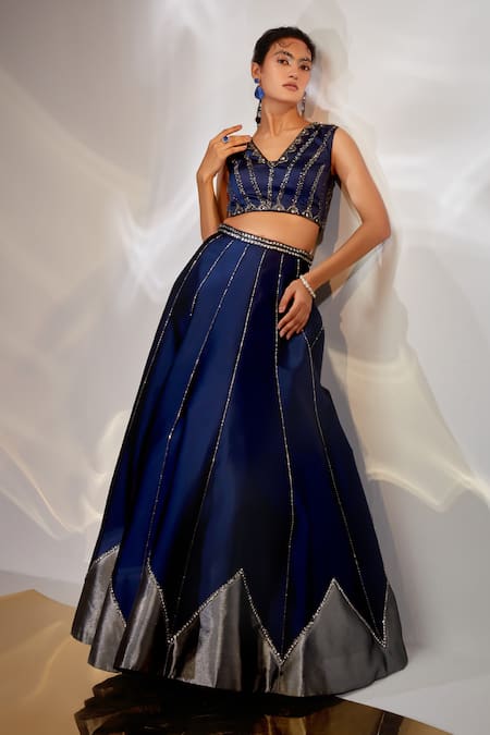 AKARA Blue Taffeta Silk Embroidery Cutdana Blunt V Neck Stripe Lehenga And Blouse Set 