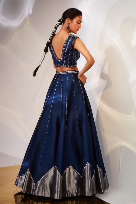 Shop Akara Blue Silk, Taffeta Sequins, Cut Work Stripe Embroidered Lehenga And Blouse Set at Aza Fashions Shop_Akara_Blue Silk, Taffeta Sequins, Cut Work Stripe Embroidered Lehenga And Blouse Set _at_Aza_Fashions