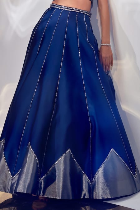 Akara Blue Silk, Taffeta Sequins, Cut Work Stripe Embroidered Lehenga And Blouse Set Online at Aza Fashions Akara_Blue Silk, Taffeta Sequins, Cut Work Stripe Embroidered Lehenga And Blouse Set _Online_at_Aza_Fashions